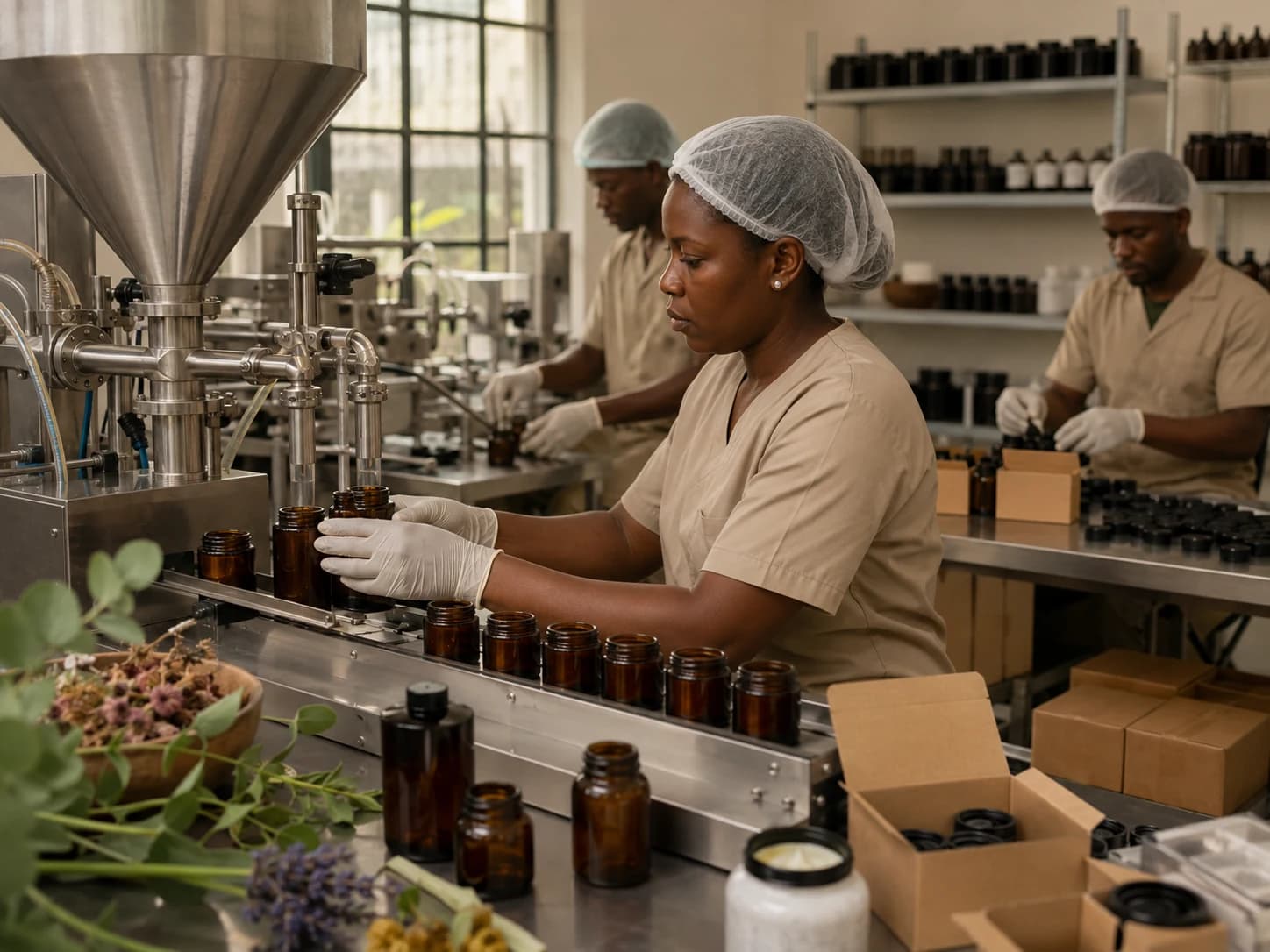 Small-batch filling line with technicians handling amber jars beside stainless filling equipment and packaging materials.