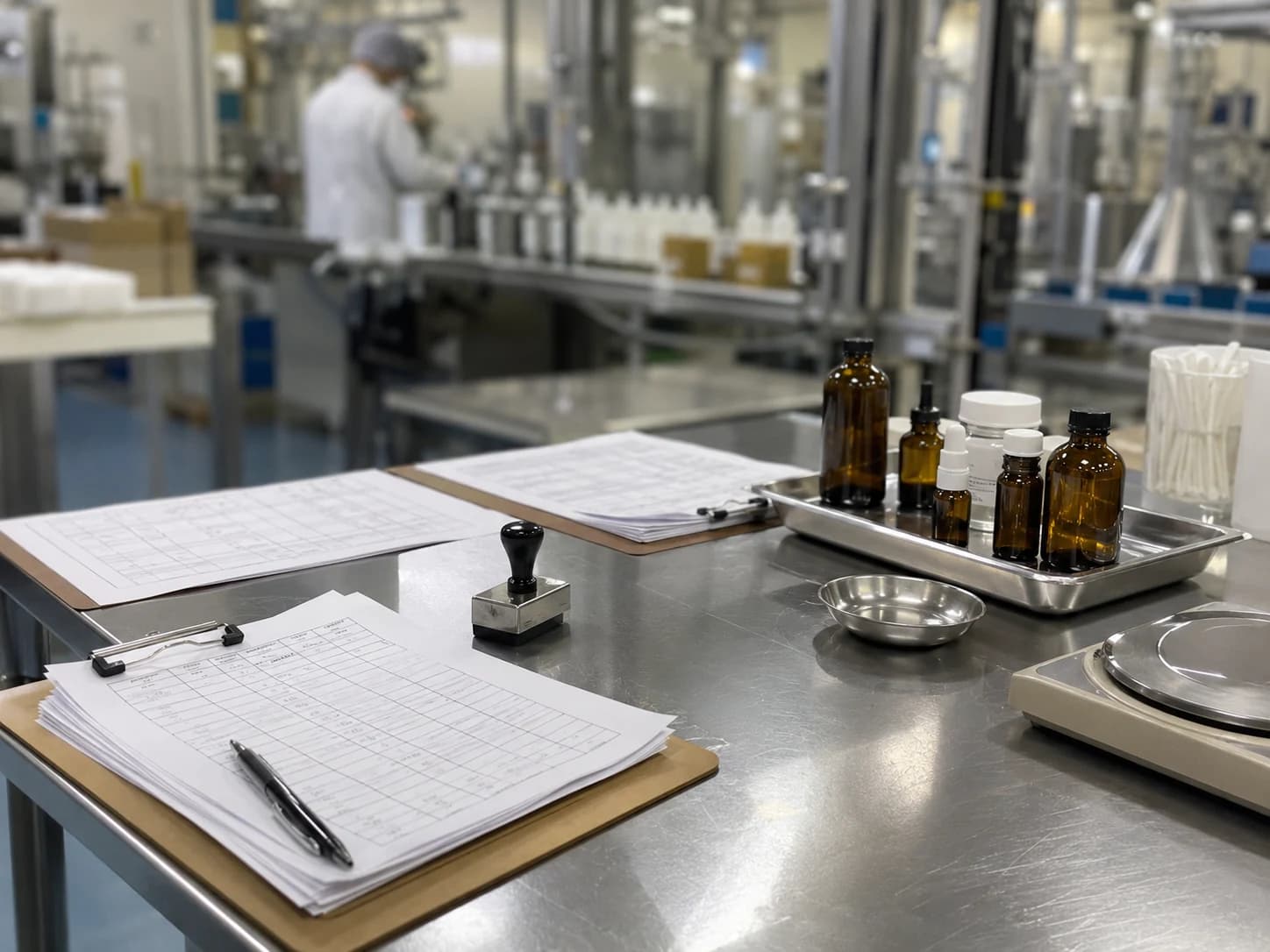Quality control station with clipboards, batch forms, amber sample bottles, metal tray and production equipment in the background.